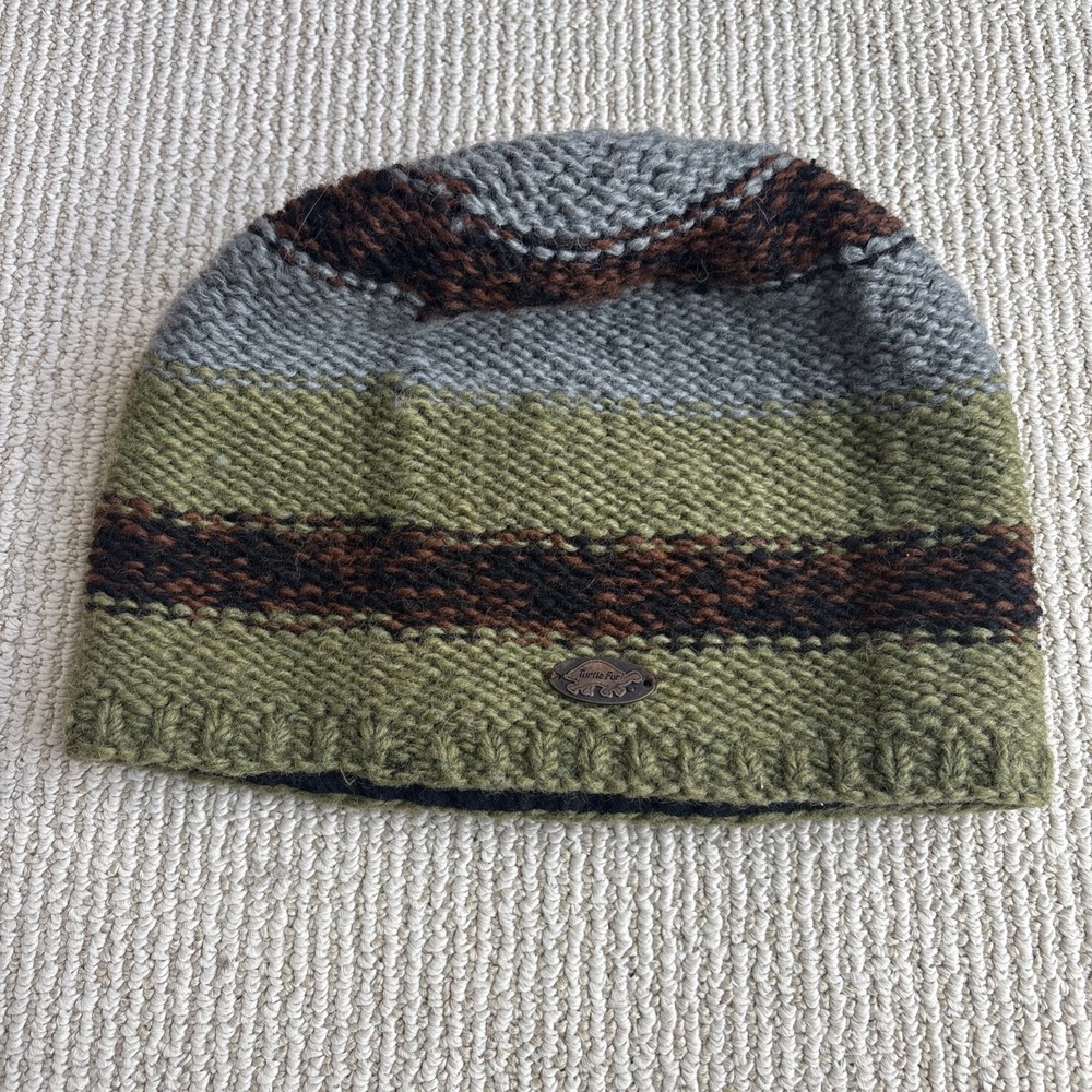 Turtle Fur Striped Knit Wool Lined Beanie Green Gray Brown Handmade Nepal